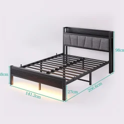 Redom Lit 140x190 cm avec tête de lit rembourrée, cadre métal noir, éclairage LED intégré et rangement* Lit Double