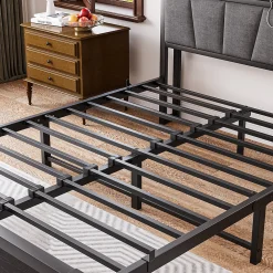 Redom Lit 140x190 cm avec tête de lit rembourrée, cadre métal noir, éclairage LED intégré et rangement* Lit Double