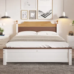 Redom Lit 140x200 cm avec tête de lit colorée blanc/naturel/marron, cadre en pin massif et pieds boules* Lit Double