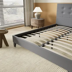 Lit 160x200 Cm Avec Tête De Lit Boutonnée Simili Gris><noscript><img width=