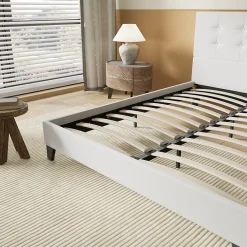 Lit 140x190 Cm Avec Tête De Lit Boutonnée Simili Blanc><noscript><img width=