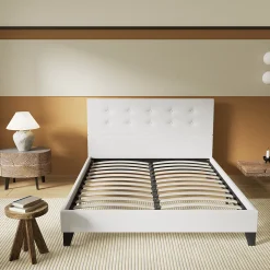 Lit 140x190 Cm Avec Tête De Lit Boutonnée Simili Blanc><noscript><img width=