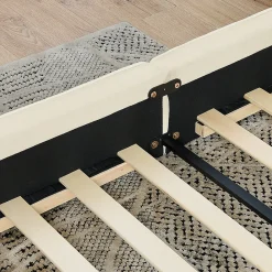 Redom Lit 160x200 cm avec tête de lit plissée en chenille beige et cadre métal sur bois d'eucalyptus* Lit Double
