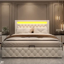 Lit 160x200 cm avec tête de lit rembourrée, coffre de rangement intégré et éclairage LED, revêtement PU blanc><noscript><img width=