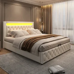 Lit 160x200 cm avec tête de lit rembourrée, coffre de rangement intégré et éclairage LED, revêtement PU blanc><noscript><img width=