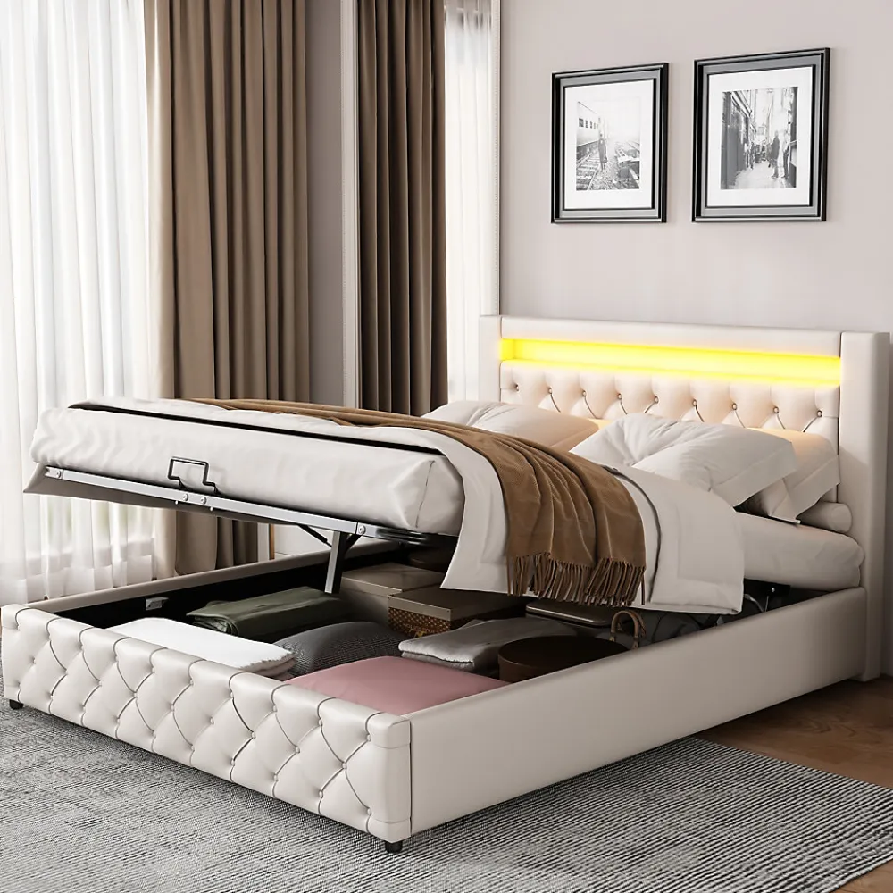 Lit 160x200 cm avec tête de lit rembourrée, coffre de rangement intégré et éclairage LED, revêtement PU blanc>Redom Best
