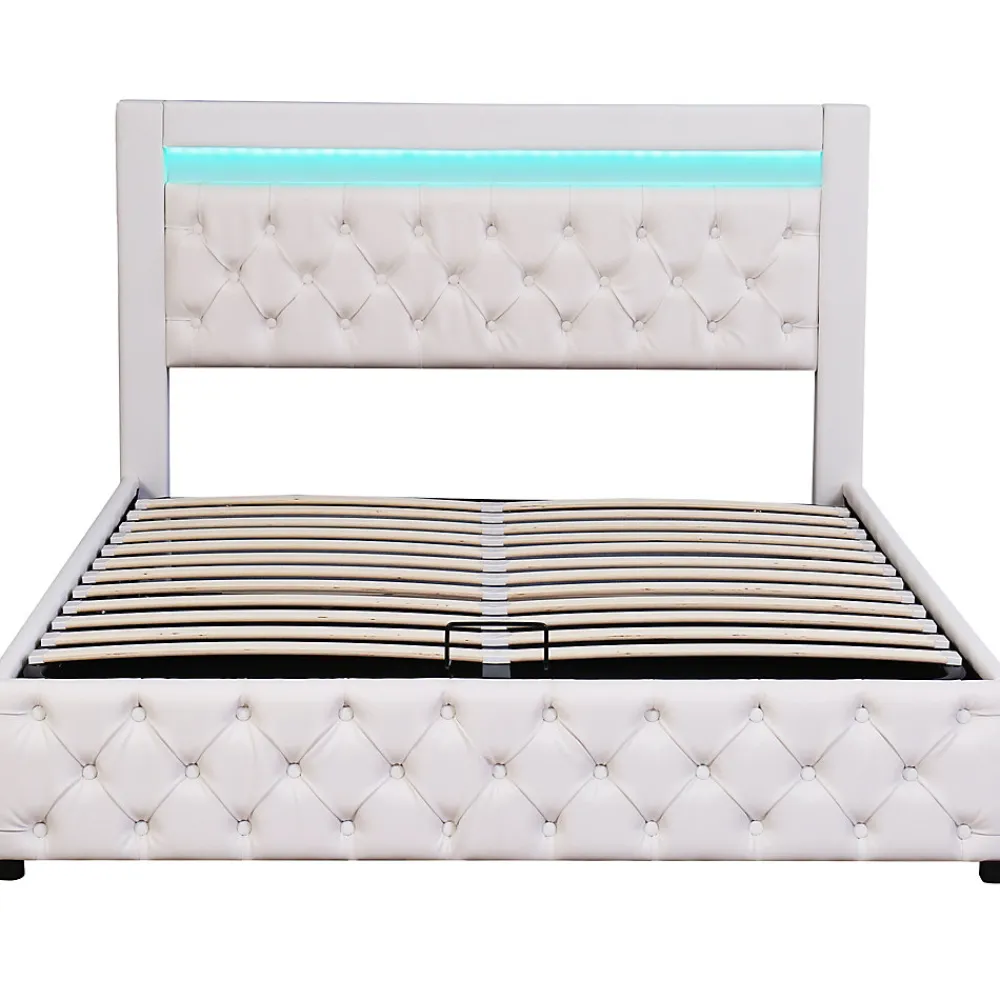 Lit 160x200 cm avec tête de lit rembourrée, coffre de rangement intégré et éclairage LED, revêtement PU blanc>Redom Best