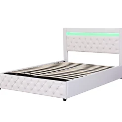 Lit 160x200 cm avec tête de lit rembourrée, coffre de rangement intégré et éclairage LED, revêtement PU blanc><noscript><img width=