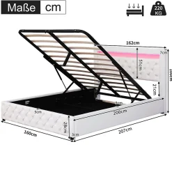 Lit 160x200 cm avec tête de lit rembourrée, coffre de rangement intégré et éclairage LED, revêtement PU blanc><noscript><img width=
