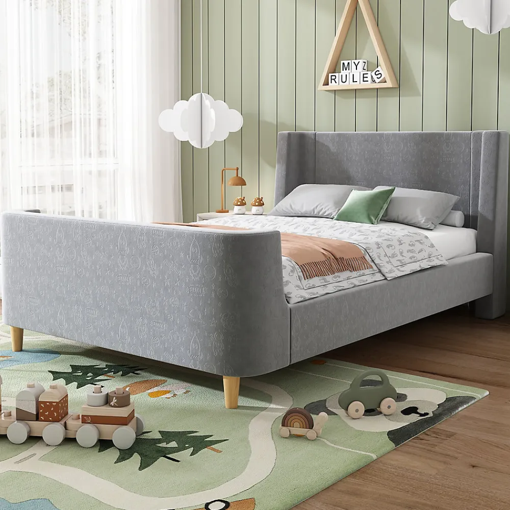 Lit 90x200 cm avec tête de lit rembourrée, design luge en velours gris et structure bois-métal>Redom Best