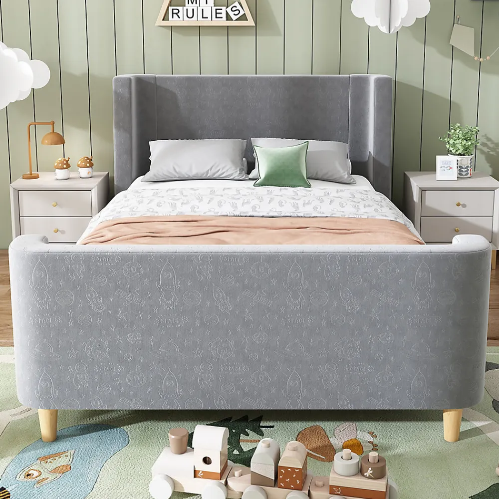 Lit 90x200 cm avec tête de lit rembourrée, design luge en velours gris et structure bois-métal>Redom Best