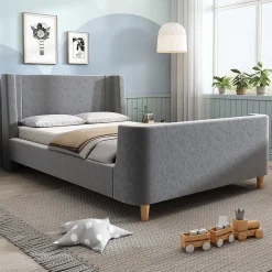 Lit 90x200 cm avec tête de lit rembourrée, design luge en velours gris et structure bois-métal><noscript><img width=