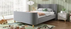 Lit 90x200 cm avec tête de lit rembourrée, design luge en velours gris et structure bois-métal><noscript><img width=