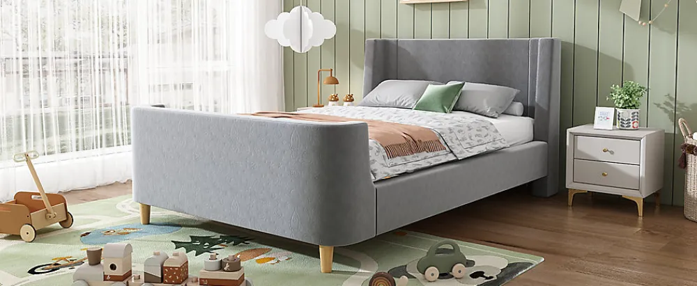 Lit 90x200 cm avec tête de lit rembourrée, design luge en velours gris et structure bois-métal>Redom Best
