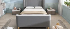 Lit 90x200 cm avec tête de lit rembourrée, design luge en velours gris et structure bois-métal><noscript><img width=