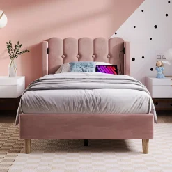 Lit 90x200 cm avec tête de lit à panneaux, tapissé velours rose et station de charge USB-C intégrée>Redom Hot
