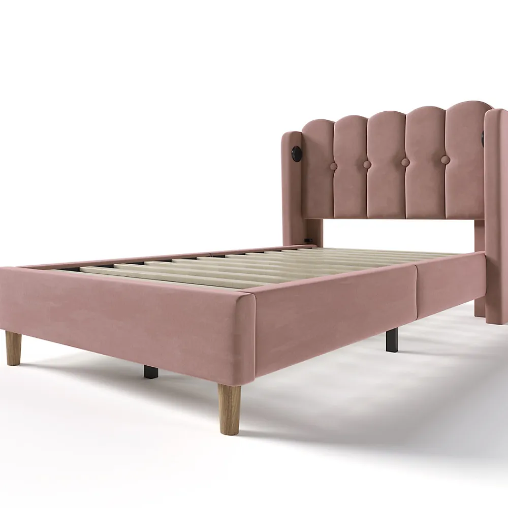 Lit 90x200 cm avec tête de lit à panneaux, tapissé velours rose et station de charge USB-C intégrée>Redom Hot