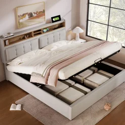 Redom Lit 140x200 cm avec tête de lit réglable et station de charge intégrée, tapissé lin beige, grand rangement* Lit Avec Rangement