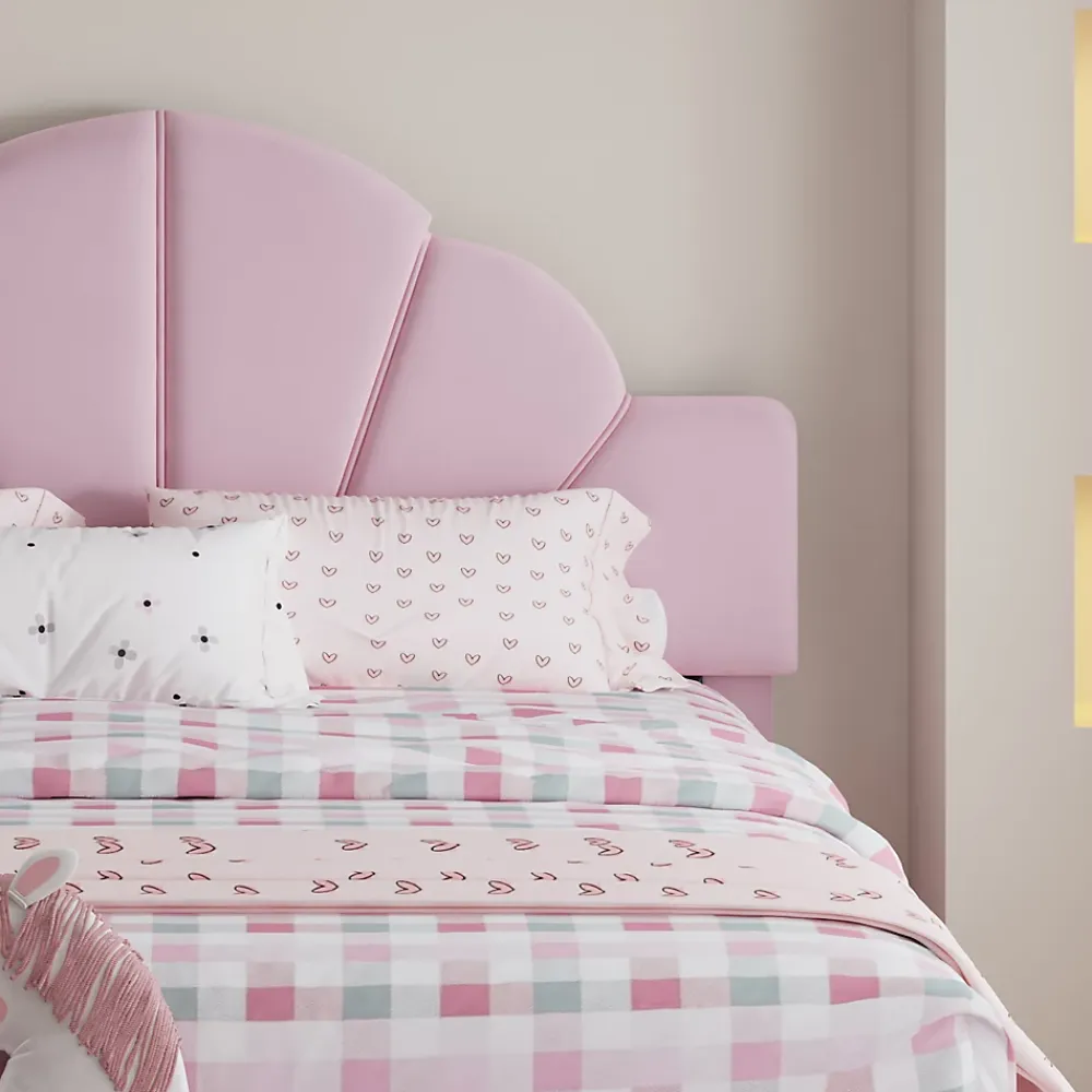 Redom Lit 140x200 cm avec tête de lit en velours rose et banc coordonné, bords anti-collision en mousse, cadre solide* Lit Double