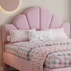 Redom Lit 140x200 cm avec tête de lit en velours rose et banc coordonné, bords anti-collision en mousse, cadre solide* Lit Double