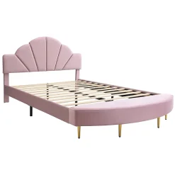Redom Lit 140x200 cm avec tête de lit en velours rose et banc coordonné, bords anti-collision en mousse, cadre solide* Lit Double