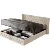 Redom Lit 140x200 cm avec tête de lit capitonnée en velours, coffre de rangement hydraulique et détails cloutés, beige* Lit Avec Rangement