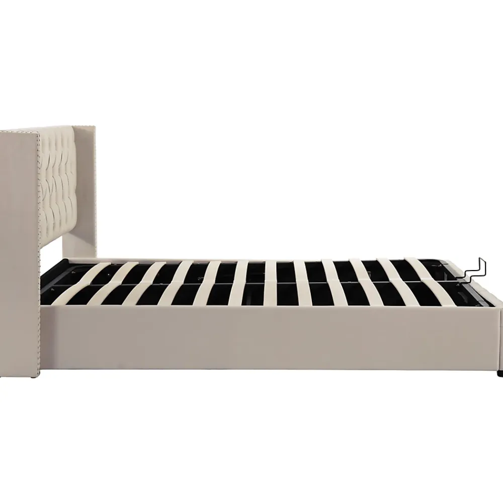 Redom Lit 140x200 cm avec tête de lit capitonnée en velours, coffre de rangement hydraulique et détails cloutés, beige* Lit Avec Rangement