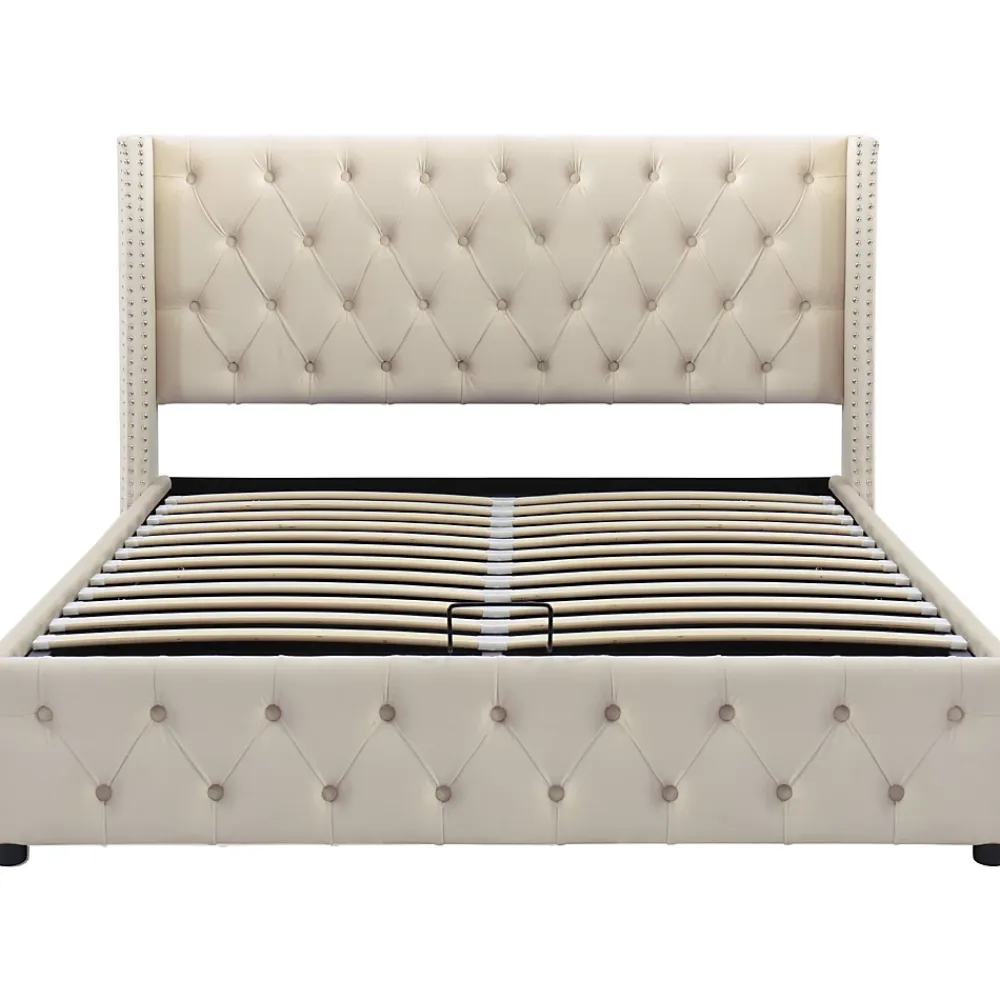Redom Lit 140x200 cm avec tête de lit capitonnée en velours, coffre de rangement hydraulique et détails cloutés, beige* Lit Avec Rangement