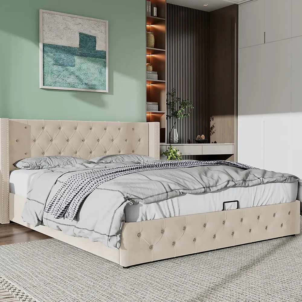 Redom Lit 140x200 cm avec tête de lit capitonnée en velours, coffre de rangement hydraulique et détails cloutés, beige* Lit Avec Rangement