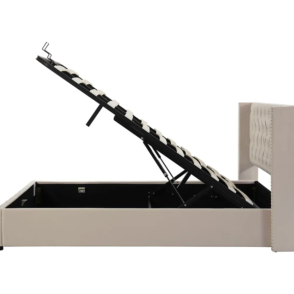 Redom Lit 140x200 cm avec tête de lit capitonnée en velours, coffre de rangement hydraulique et détails cloutés, beige* Lit Avec Rangement
