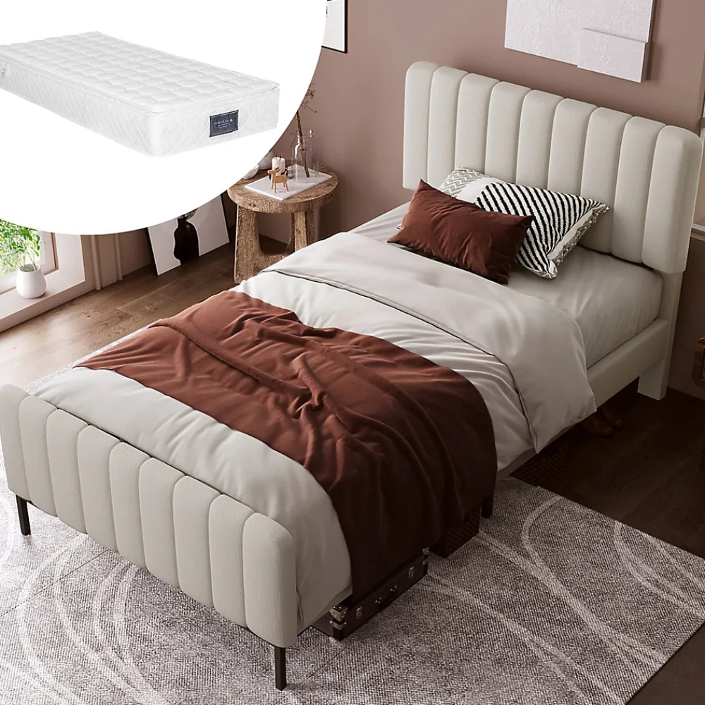 Lit 90x200 cm avec tête de lit réglable, cadre rembourré en lin gris-beige, lattes en pin et pieds métal>Redom