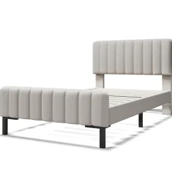 Lit 90x200 cm avec tête de lit réglable, cadre rembourré en lin gris-beige, lattes en pin et pieds métal><noscript><img width=