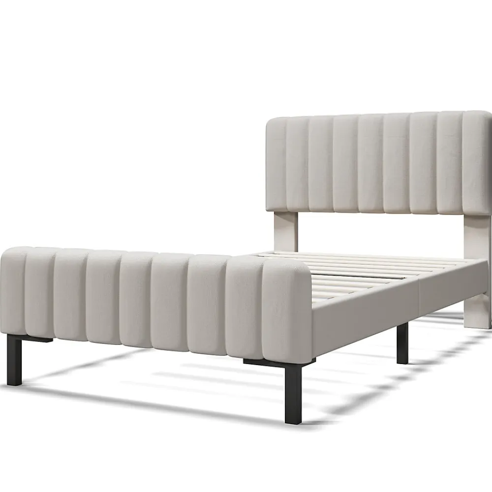Lit 90x200 cm avec tête de lit réglable, cadre rembourré en lin gris-beige, lattes en pin et pieds métal>Redom