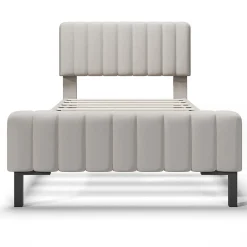 Lit 90x200 cm avec tête de lit réglable, cadre rembourré en lin gris-beige, lattes en pin et pieds métal><noscript><img width=