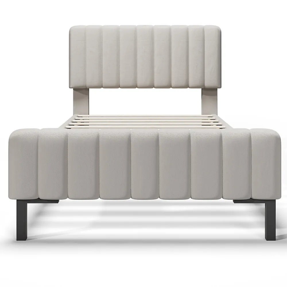 Lit 90x200 cm avec tête de lit réglable, cadre rembourré en lin gris-beige, lattes en pin et pieds métal>Redom