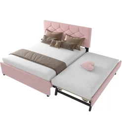 Redom Lit 140x200 cm avec tête de lit capitonnée et sommier gigogne, tapissé velours rose et MDF design* Lit Gigogne