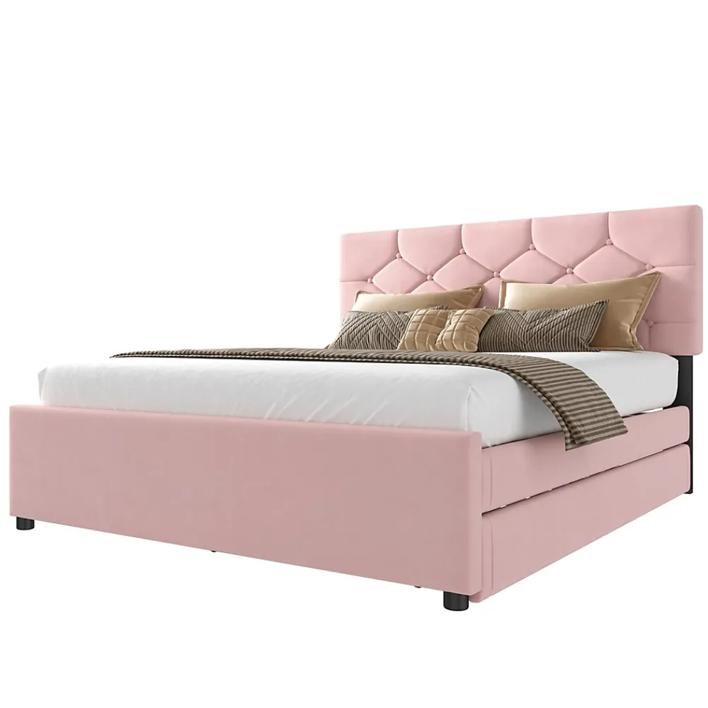 Redom Lit 140x200 cm avec tête de lit capitonnée et sommier gigogne, tapissé velours rose et MDF design* Lit Gigogne