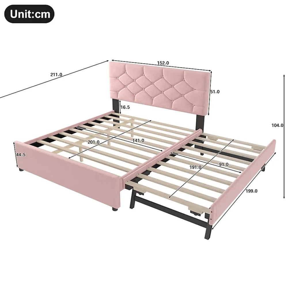 Redom Lit 140x200 cm avec tête de lit capitonnée et sommier gigogne, tapissé velours rose et MDF design* Lit Gigogne