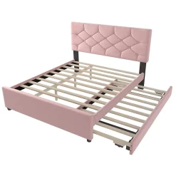 Redom Lit 140x200 cm avec tête de lit capitonnée et sommier gigogne, tapissé velours rose et MDF design* Lit Gigogne