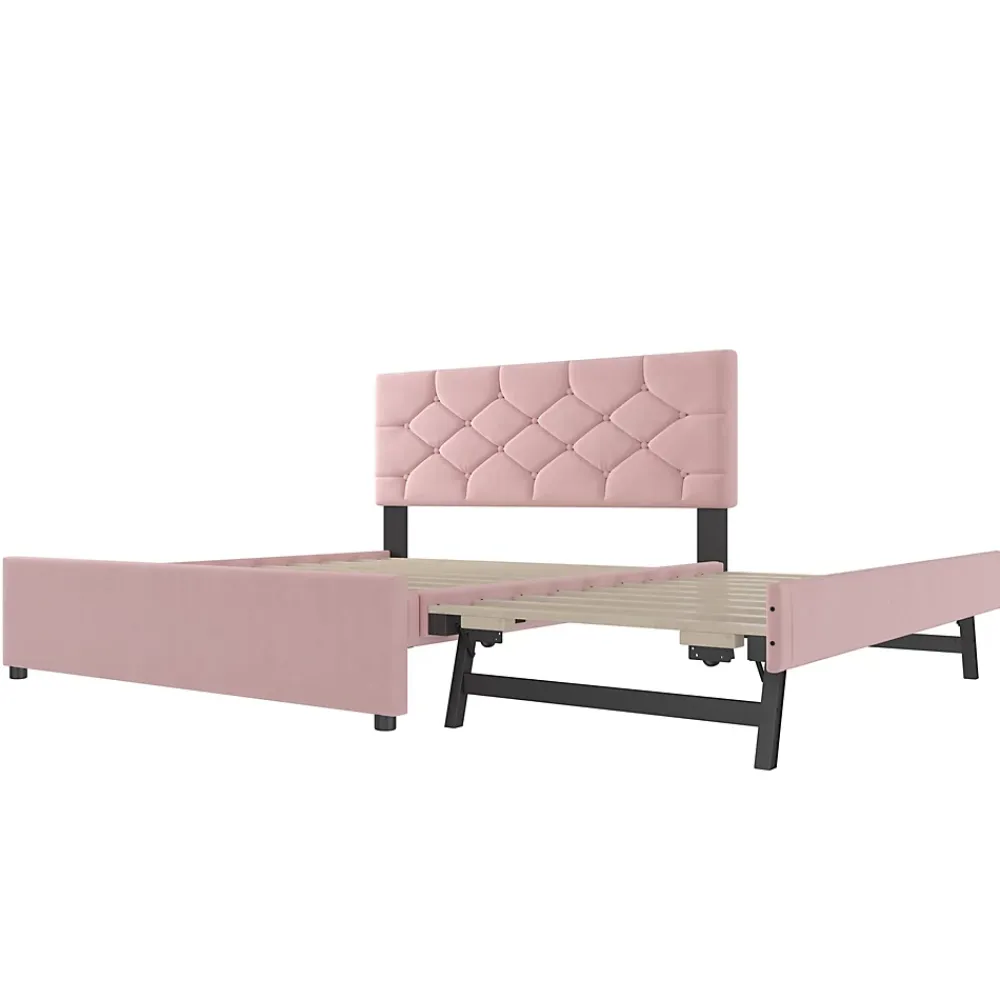 Redom Lit 140x200 cm avec tête de lit capitonnée et sommier gigogne, tapissé velours rose et MDF design* Lit Gigogne