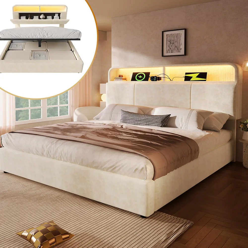 Lit 140x200 cm avec tête de lit réglable et rangement hydraulique, velours beige, LED et station de charge>Redom Discount