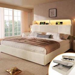 Lit 140x200 cm avec tête de lit réglable et rangement hydraulique, velours beige, LED et station de charge><noscript><img width=