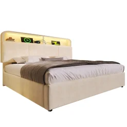 Lit 140x200 cm avec tête de lit réglable et rangement hydraulique, velours beige, LED et station de charge><noscript><img width=