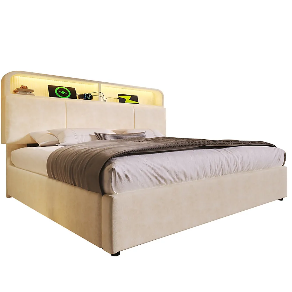Lit 140x200 cm avec tête de lit réglable et rangement hydraulique, velours beige, LED et station de charge>Redom Discount