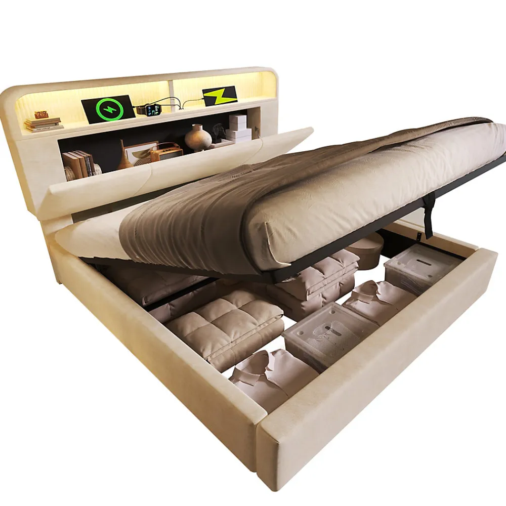 Lit 140x200 cm avec tête de lit réglable et rangement hydraulique, velours beige, LED et station de charge>Redom Discount