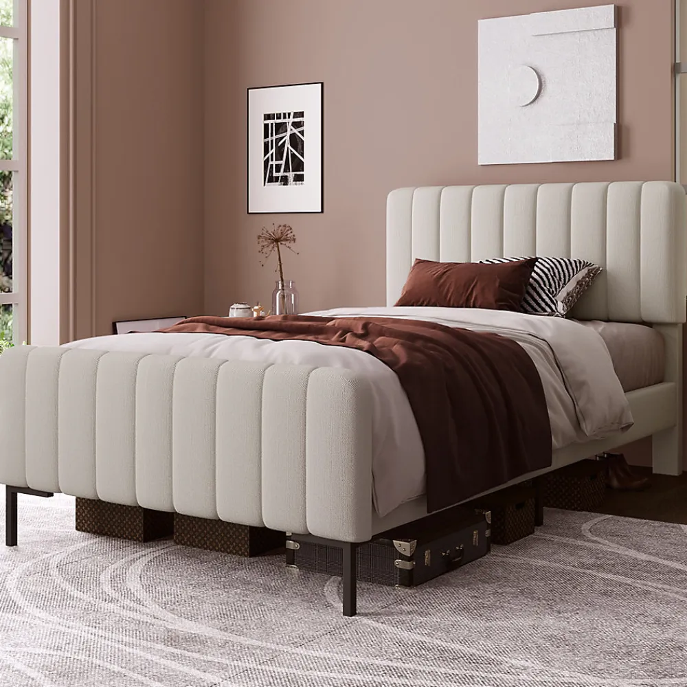 Lit 90x200 cm avec tête de lit réglable, revêtement lin gris-beige et sommier à lattes, cadre métal/bois>Redom Outlet