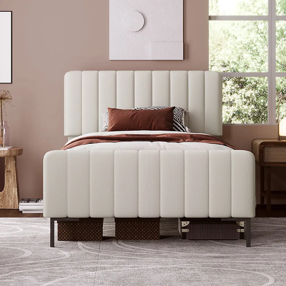 Lit 90x200 cm avec tête de lit réglable, revêtement lin gris-beige et sommier à lattes, cadre métal/bois>Redom Outlet