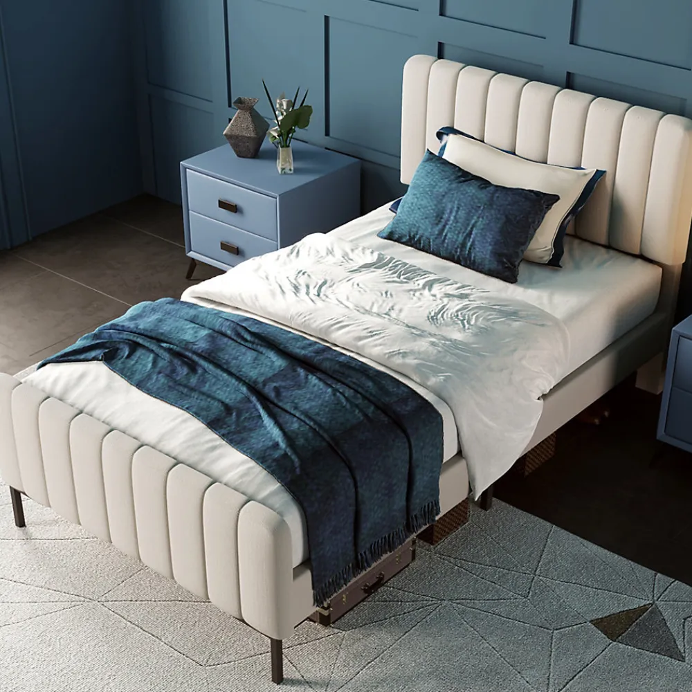Lit 90x200 cm avec tête de lit réglable, revêtement lin gris-beige et sommier à lattes, cadre métal/bois>Redom Outlet