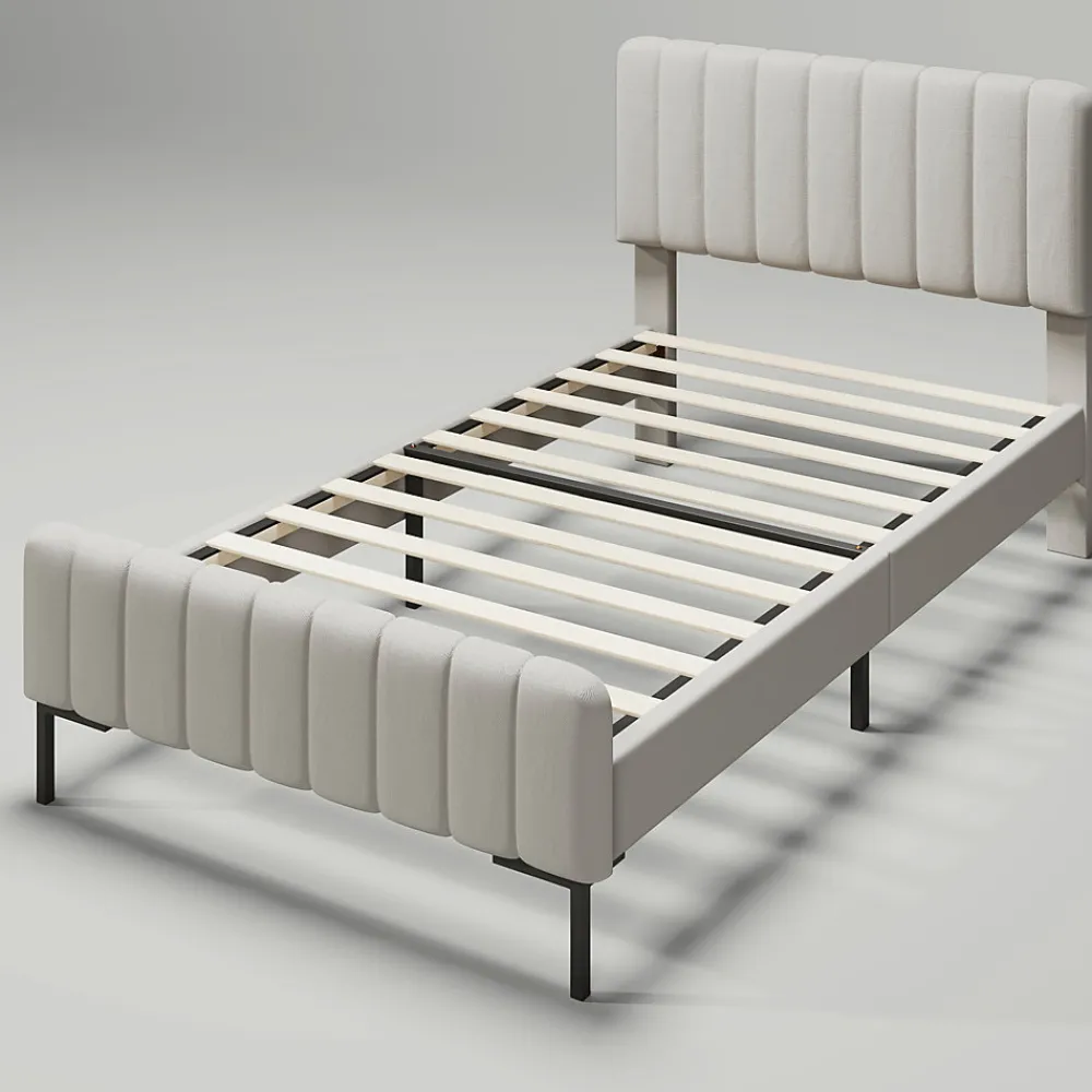 Lit 90x200 cm avec tête de lit réglable, revêtement lin gris-beige et sommier à lattes, cadre métal/bois>Redom Outlet