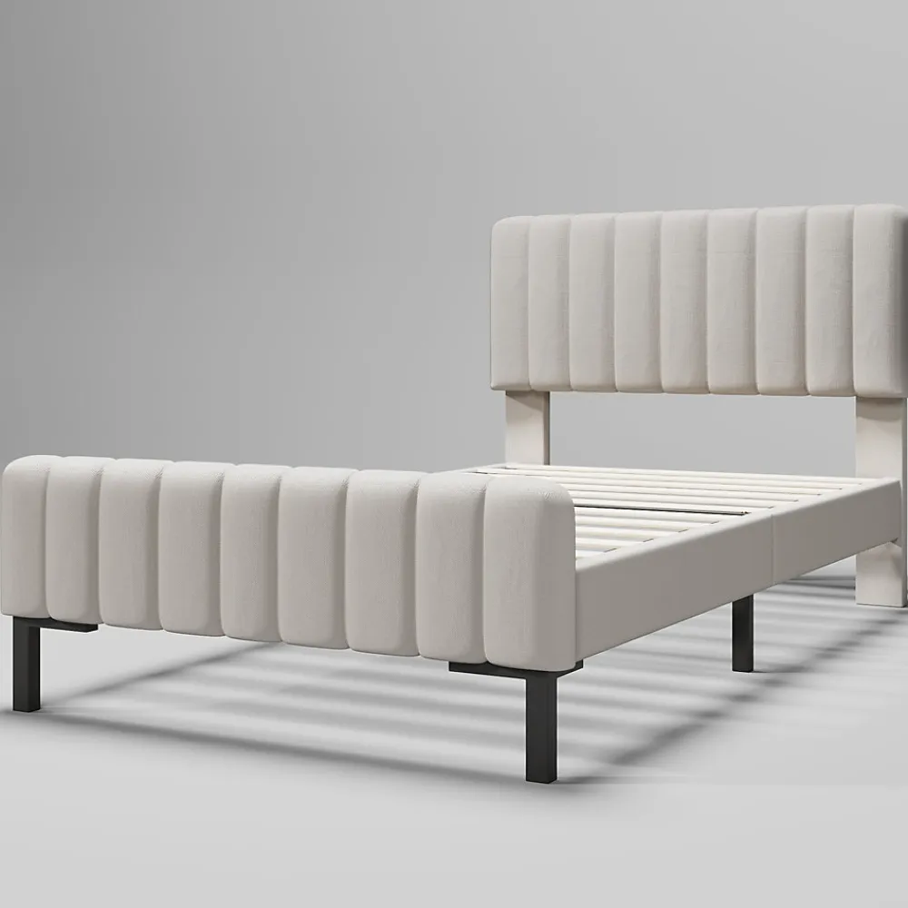 Lit 90x200 cm avec tête de lit réglable, revêtement lin gris-beige et sommier à lattes, cadre métal/bois>Redom Outlet